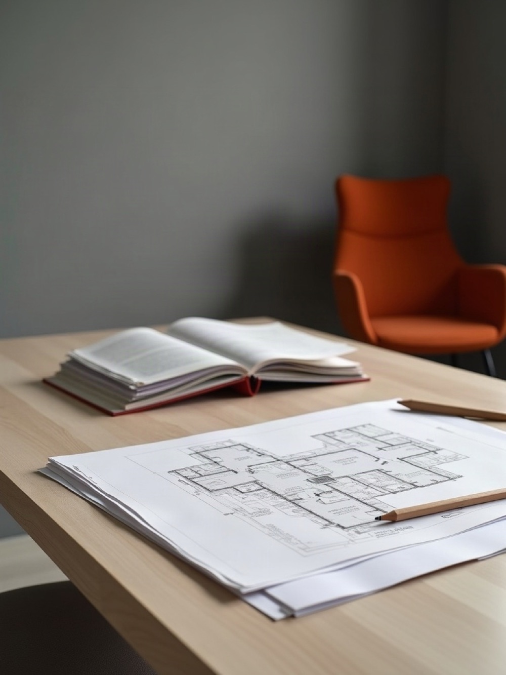 Floor plans and a cloth sample book on a pale oak consulting table