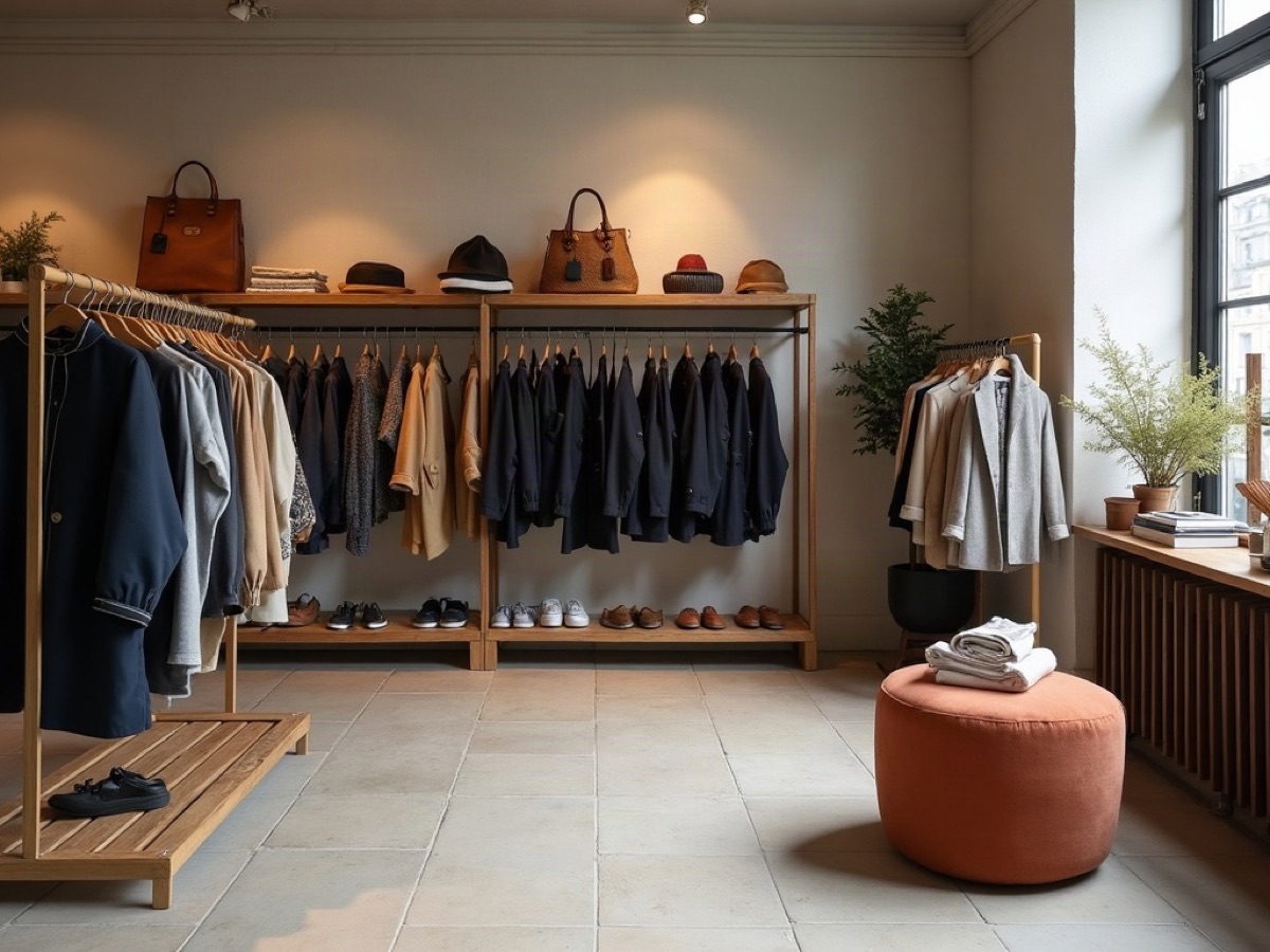 Family clothing shop with wooden fixtures and mixed apparel racks
