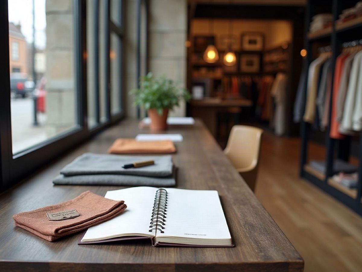Sparse desk beside a shop floor with fabric swatch cards