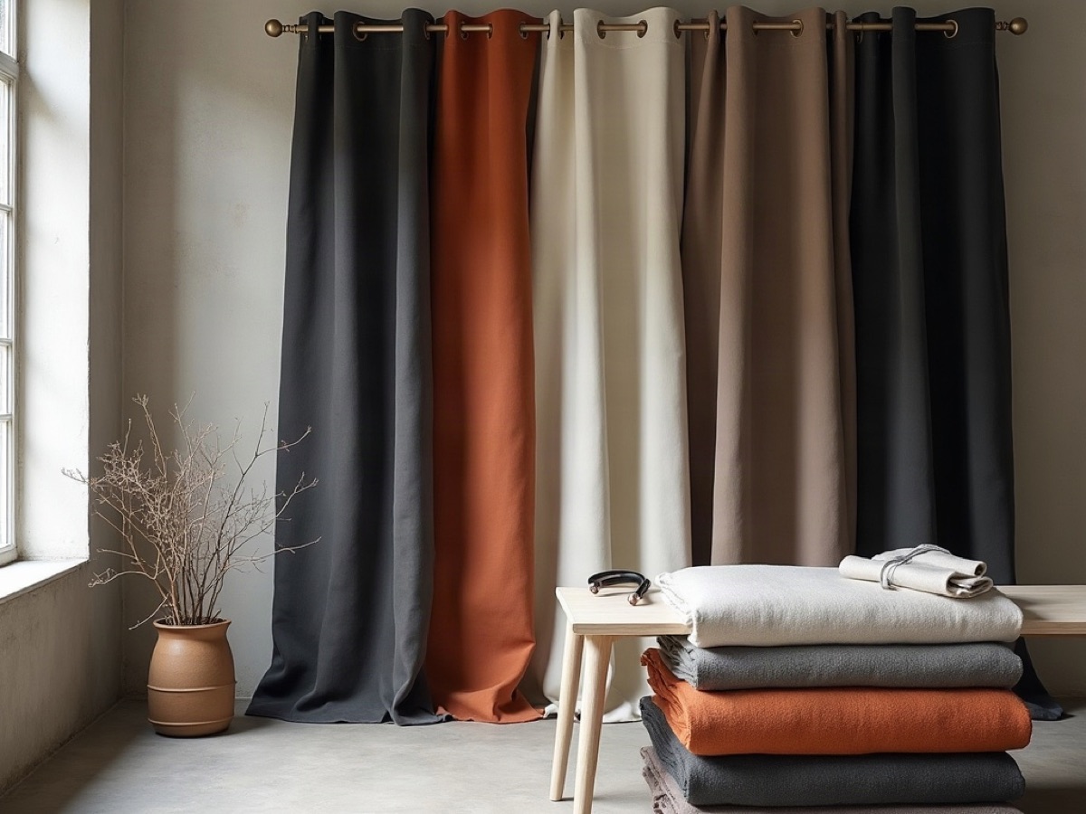 Drapery salon with hanging curtain panels and stacked upholstery bolts