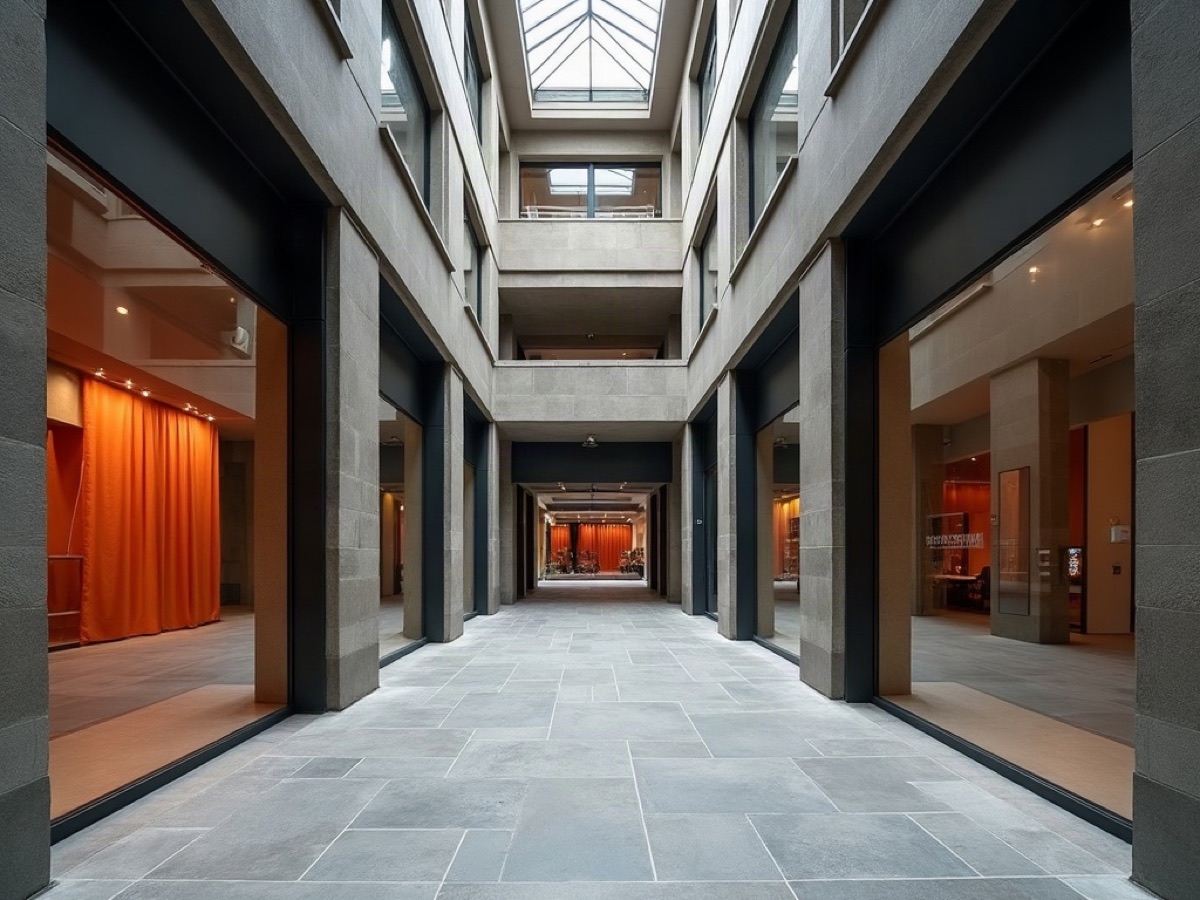 Commercial corridor with glass shopfronts in a mixed-use Kharkiv building